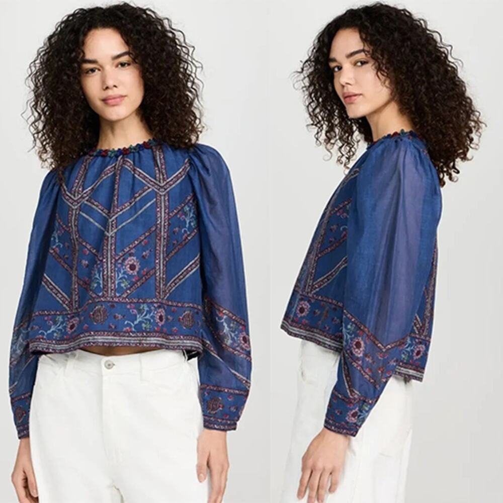 NWT Sea New York Lightweight Non-Stretch Voile Long Sleeves Valeria Top Navy